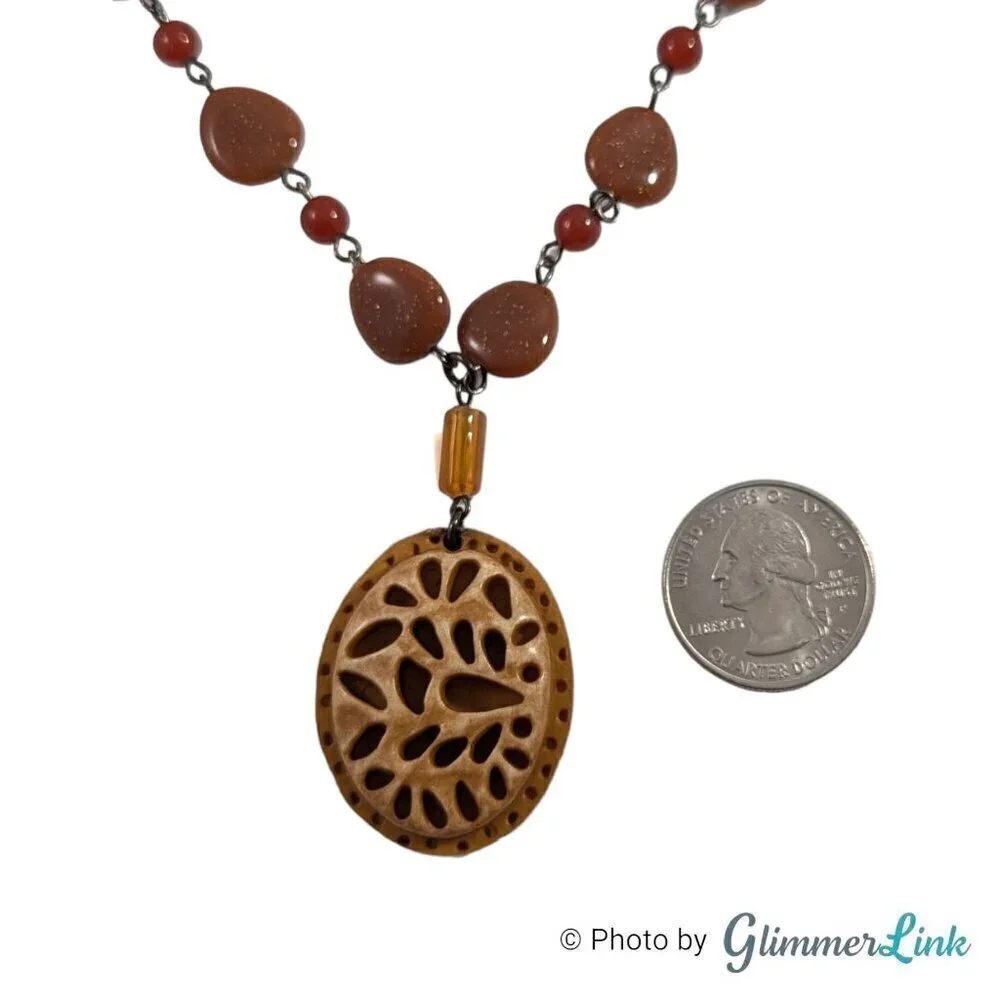 Vintage Bohemian Faux Goldstone Beaded Carved Pendant Necklace